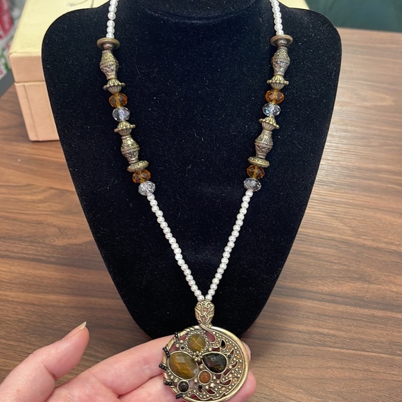 Handcrafted Faux Pearl Gold & Brass Tone Multicolored Faceted Crystal Necklace - Picture 6 of 6